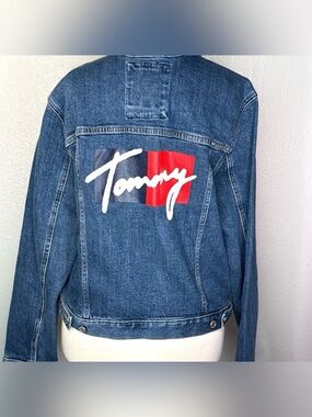 Tommy Hilfiger Denim Jacket XL Men’s Jean Coat Blue Logo Flag Vintage Streetwear
